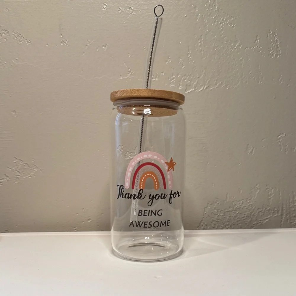 Rainbow Glass Jar with Straw - Thank You Design